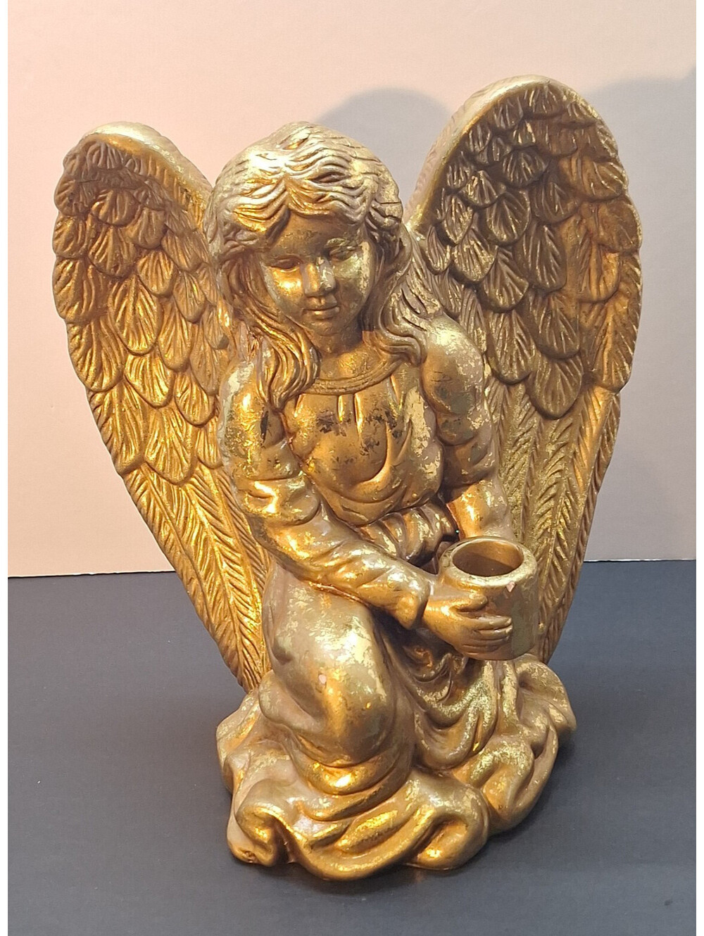 Rare 1996 Vintage Enesco Gold Ceramic Angel Candle Holder Kneeling Figurine